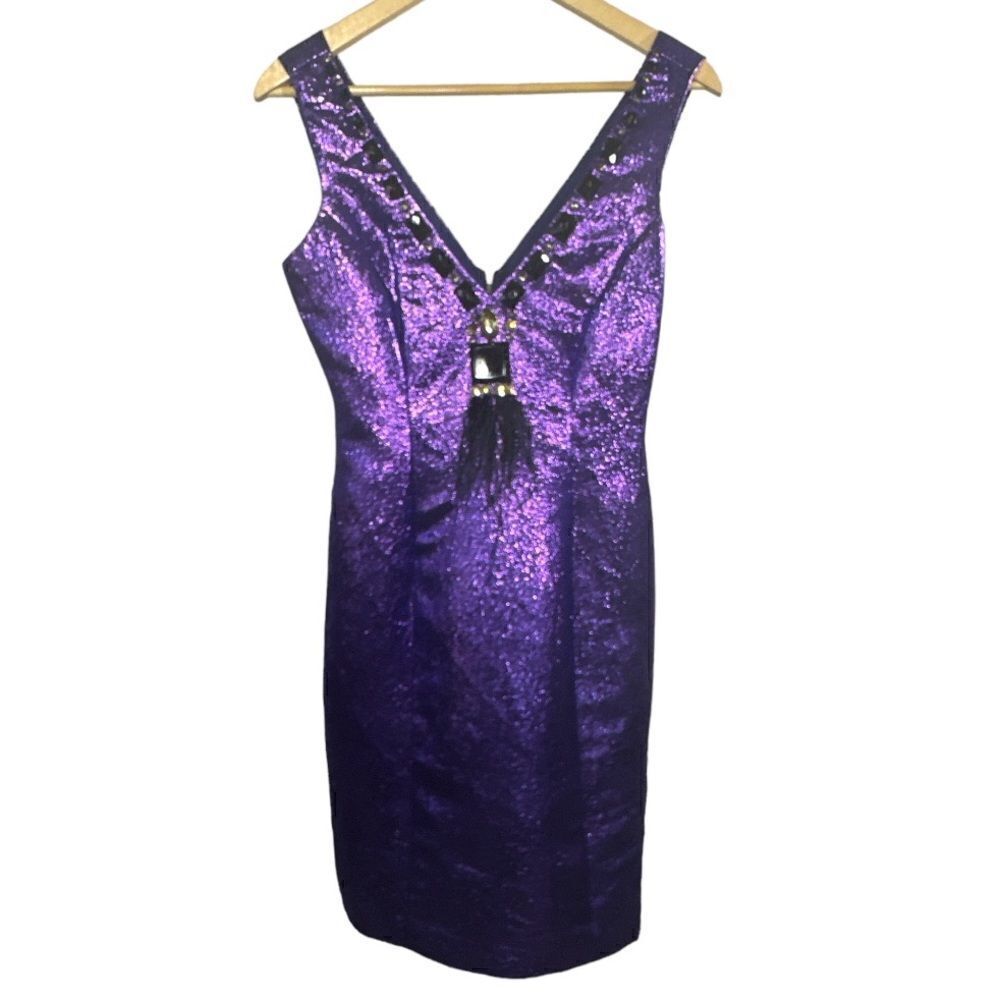 TRACY REESE Women's Metallic Beaded Sleeveless Shift Dress Purple Size 0-2